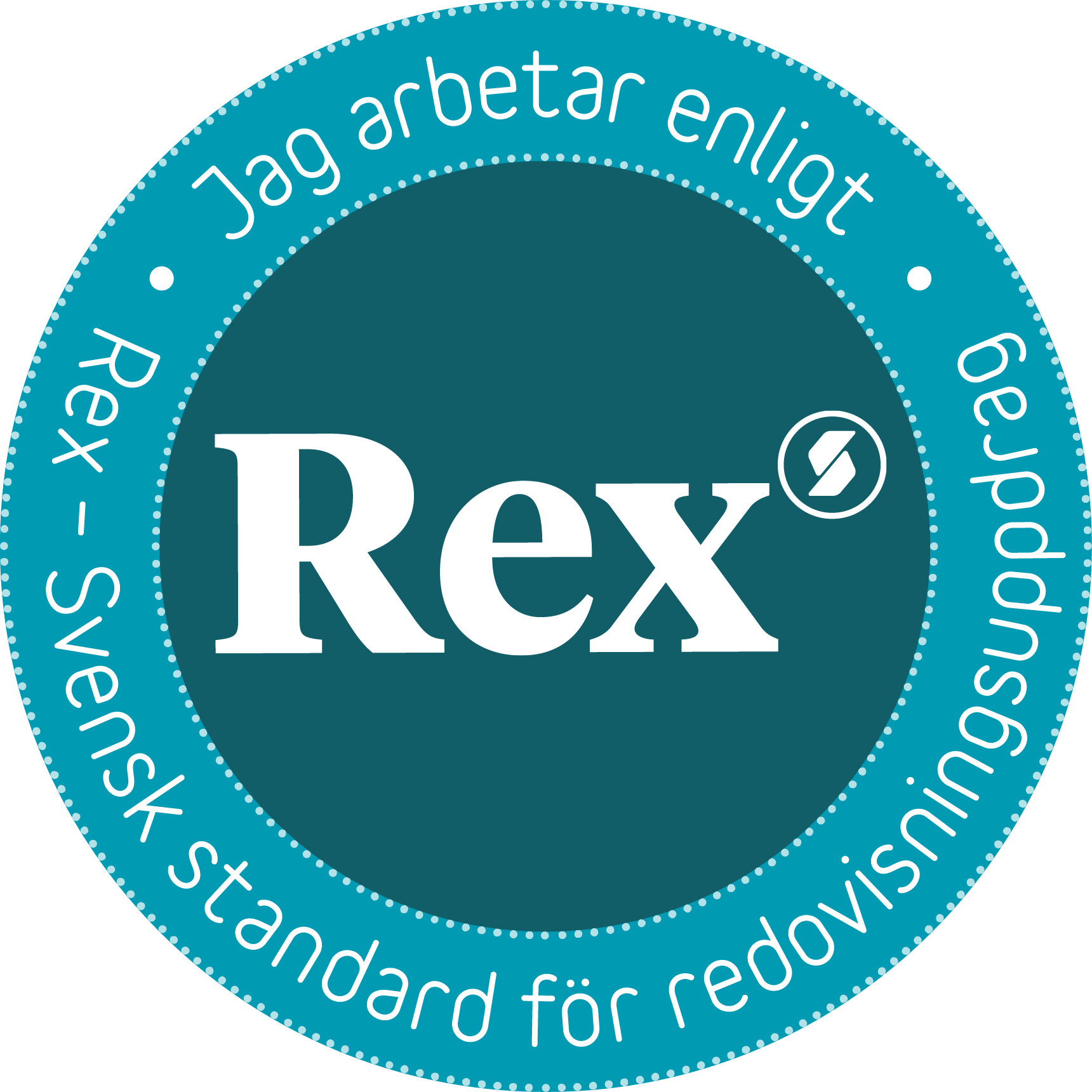 A sigil from the Swedish Accountants Association that says 'I work according to REX, the Swedish standard for accountancy'